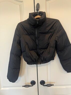 Cropped Black Puffer Jacket with High Collar - Women's Winter Outerwear